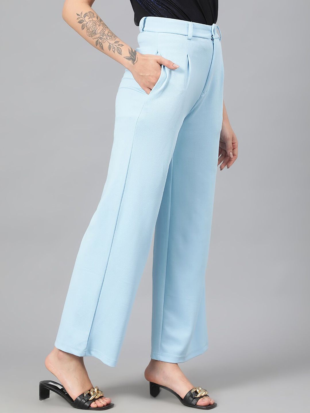 KOTTY BIZwear Women Blue Relaxed Straight Leg Fit High-Rise Easy Wash Parallel Trousers