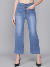 Kotty Women Blue Flared High-Rise Heavy Fade Jeans