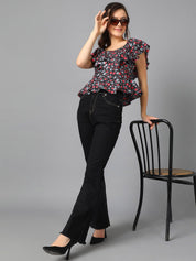 Kotty Black Floral Printed Sweetheart Neck Flutter Sleeve Peplum Top