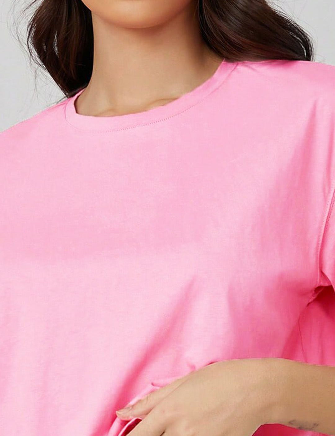 KOTTY Basics Pink Round Neck Drop-Shoulder Sleeves Crop Oversized T-shirt