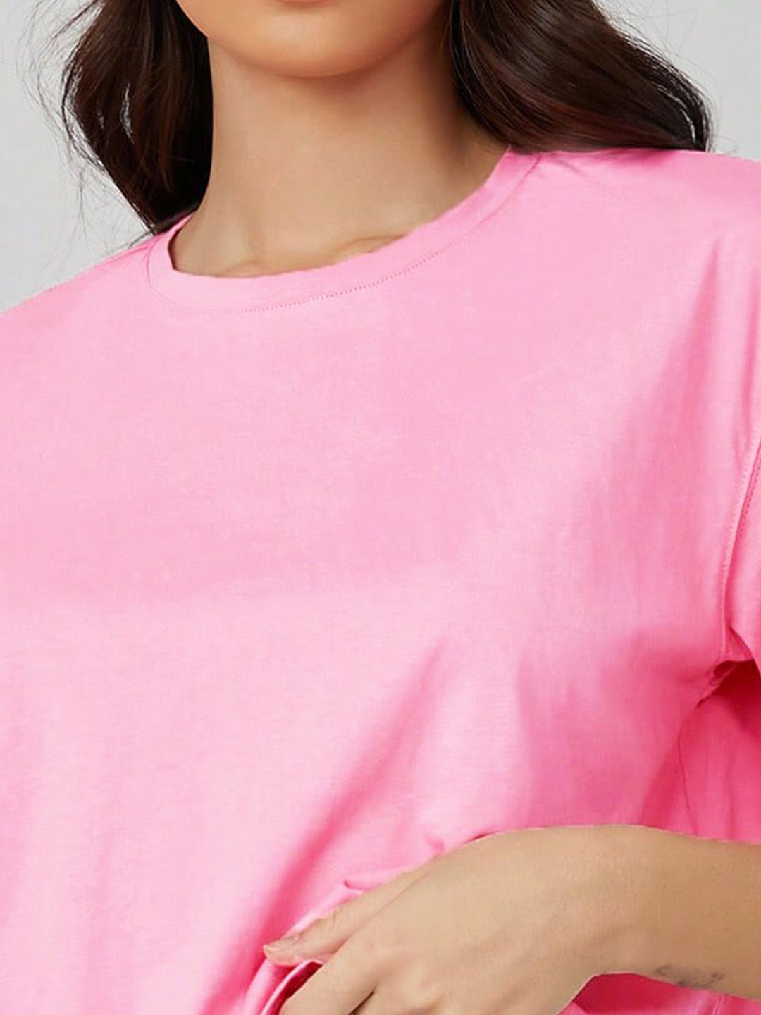 KOTTY Basics Pink Round Neck Drop-Shoulder Sleeves Crop Oversized T-shirt