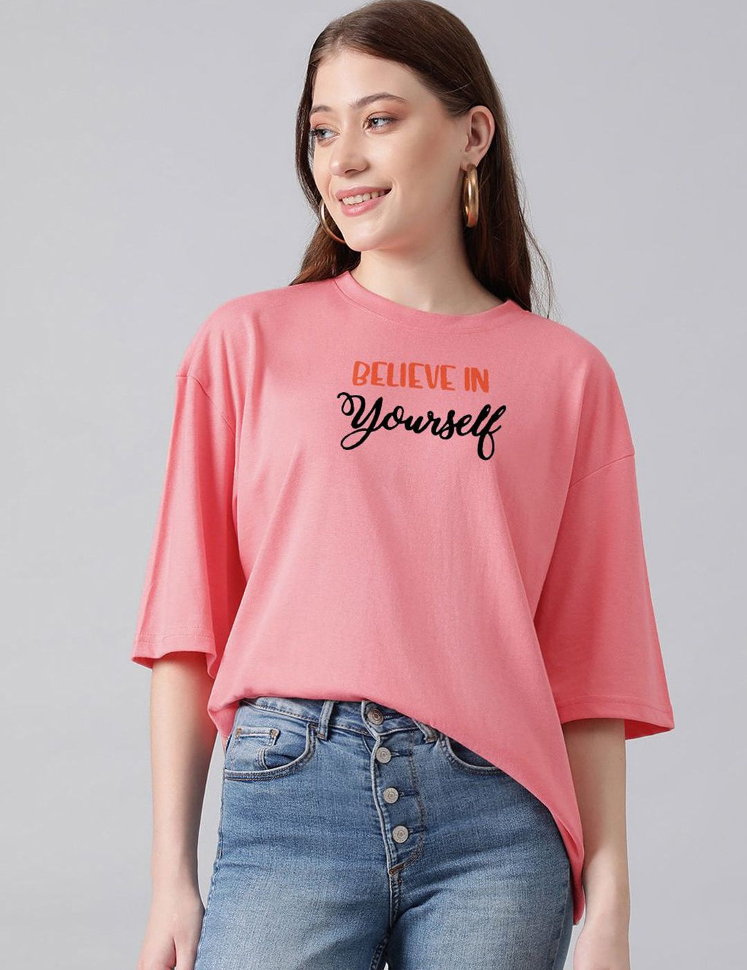 Kotty Pink Typography Printed Oversized T-shirt