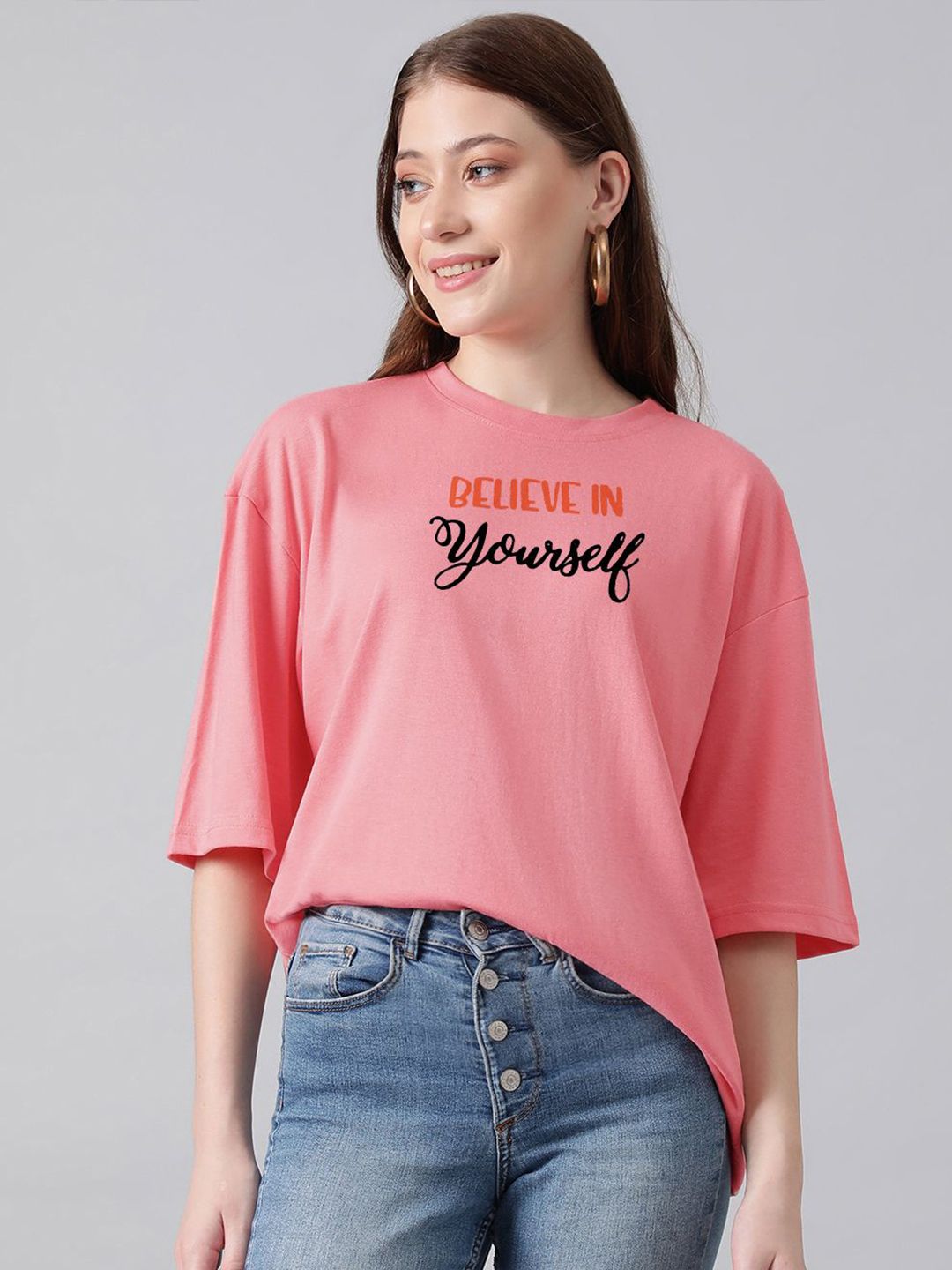 Kotty Pink Typography Printed Oversized T-shirt
