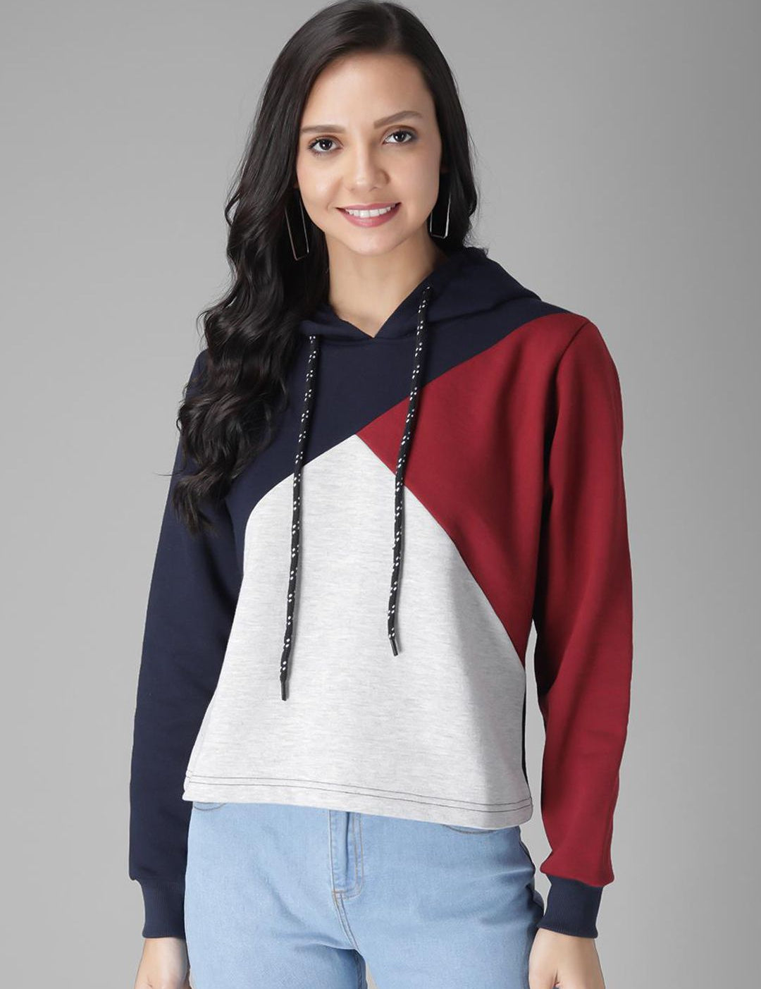 Kotty Women Black & Maroon Colourblocked Hooded Sweatshirt