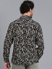 Kotty Black & Cream Abstract Printed Spread Collar Relaxed Fit Casual Shirt