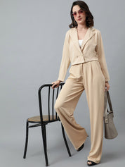KOTTY BIZwear Beige Notched Lapel Collar Blazer & Mid Rise Trouser