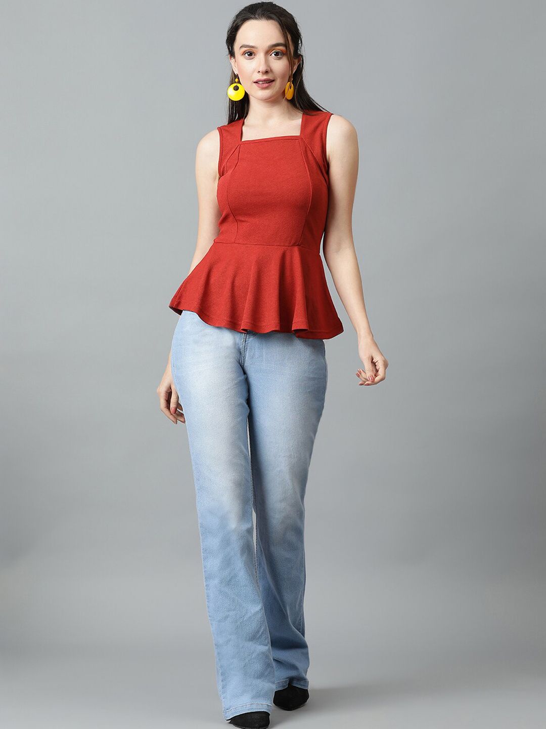 Kotty Rust Square Neck Peplum Top