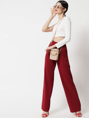 Kotty Women Maroon Relaxed Straight Fit High-Rise Easy Wash Pleated Trousers