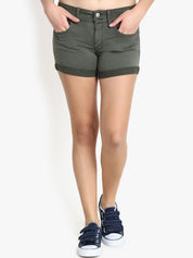 Kotty Women Olive Green Solid Regular Fit Denim Shorts