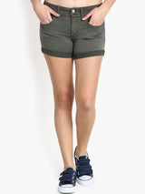 Kotty Women Olive Green Solid Regular Fit Denim Shorts