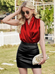 Kotty Red V-Neck Sleeveless Satin Wrap Top