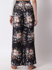 Kotty Women Black Floral Printed Relaxed Flared High-Rise Easy Wash Trousers