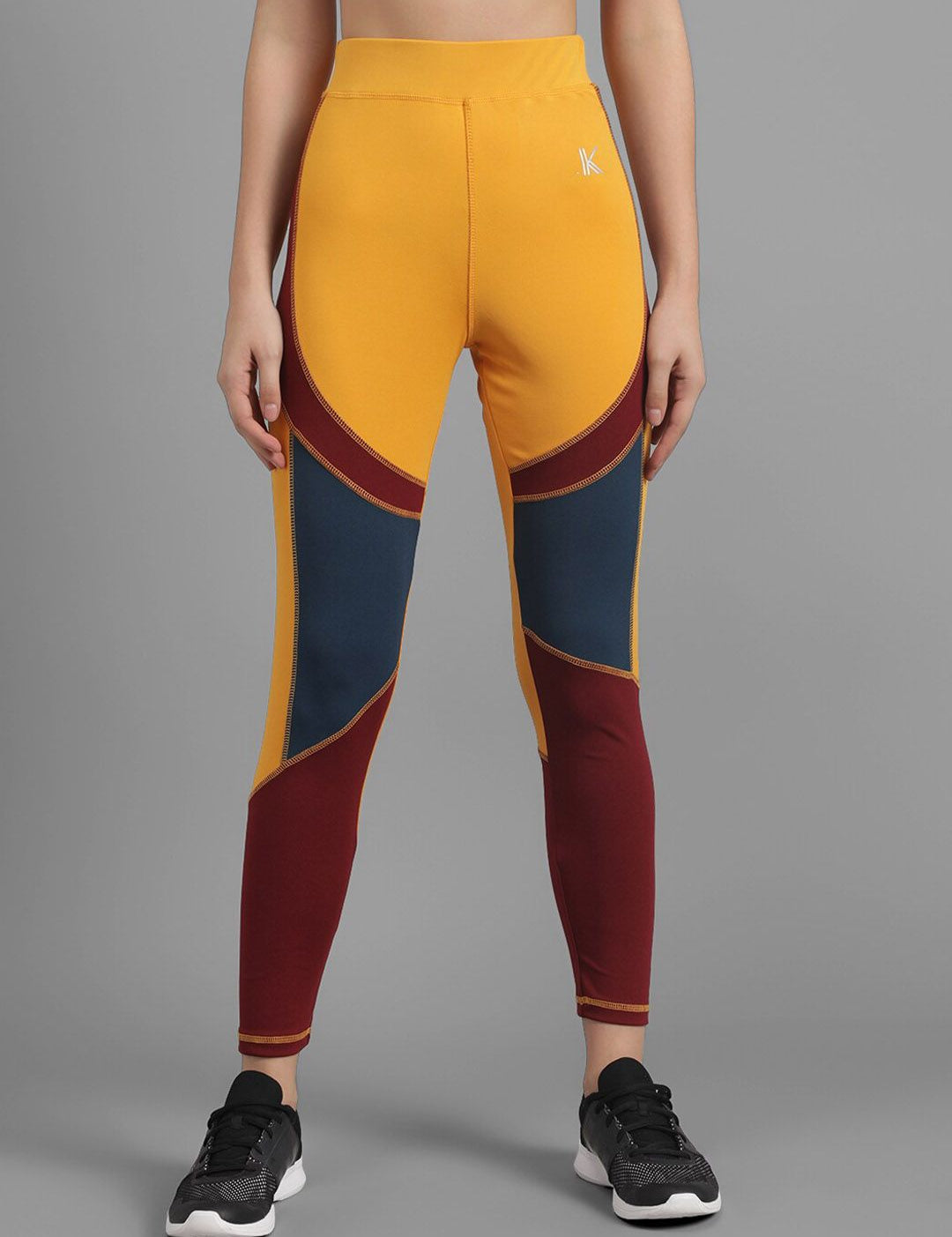 Kotty Women Yellow & Maroon Colourblocked Ankle-Length Tights