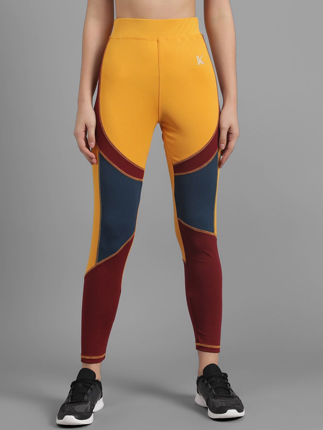 Kotty Women Yellow & Maroon Colourblocked Ankle-Length Tights