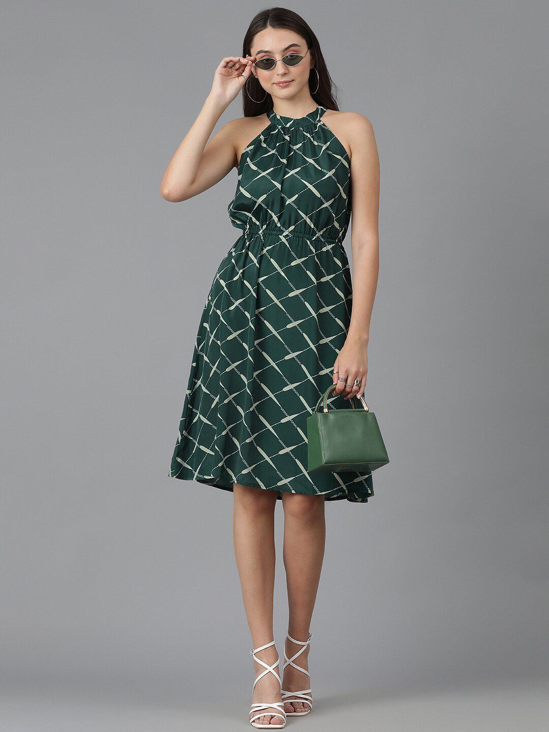 Kotty Geometric Printed High Neck Sleeveless A-Line Dress