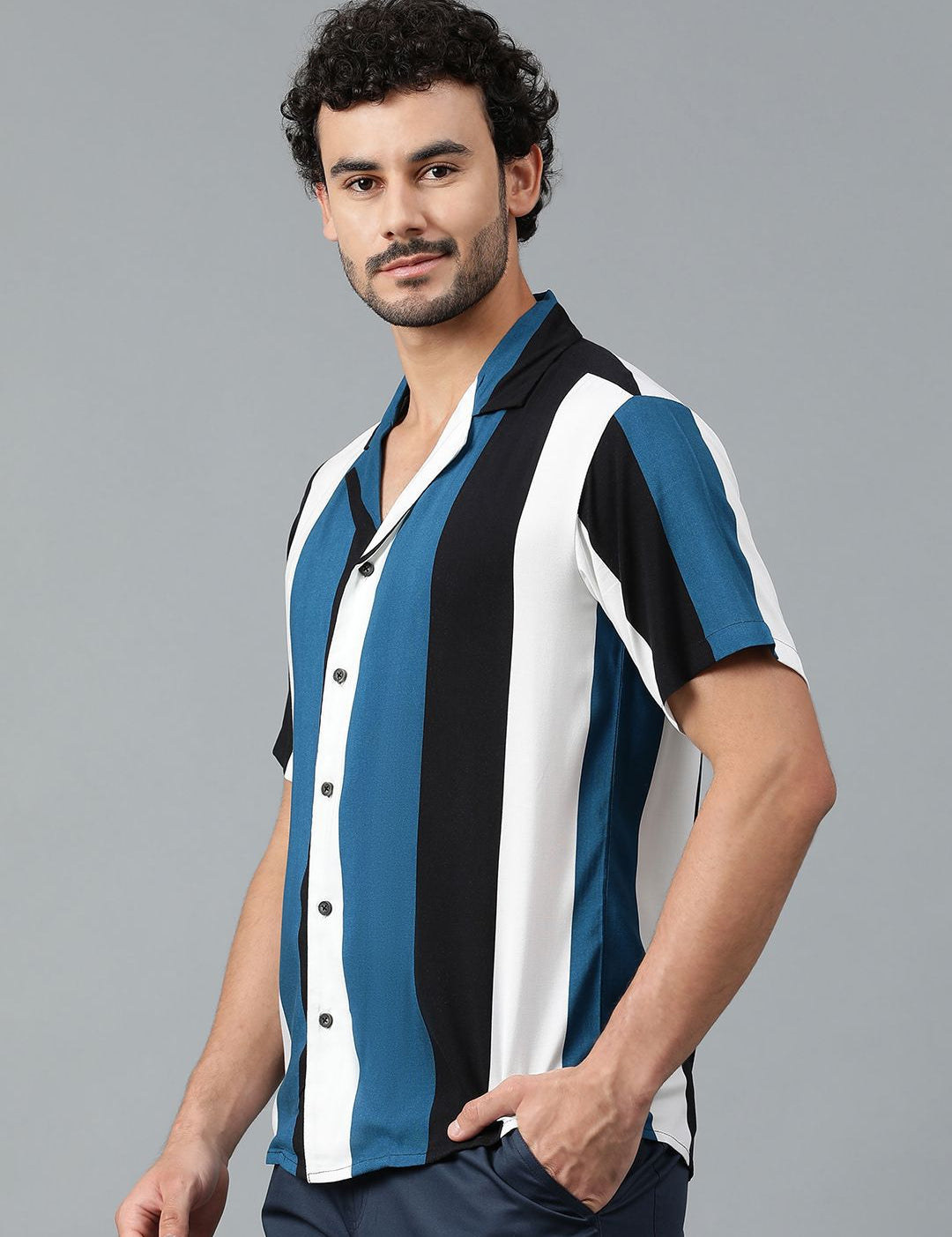 Kotty Men Cuban Collar Striped Casual Shirt