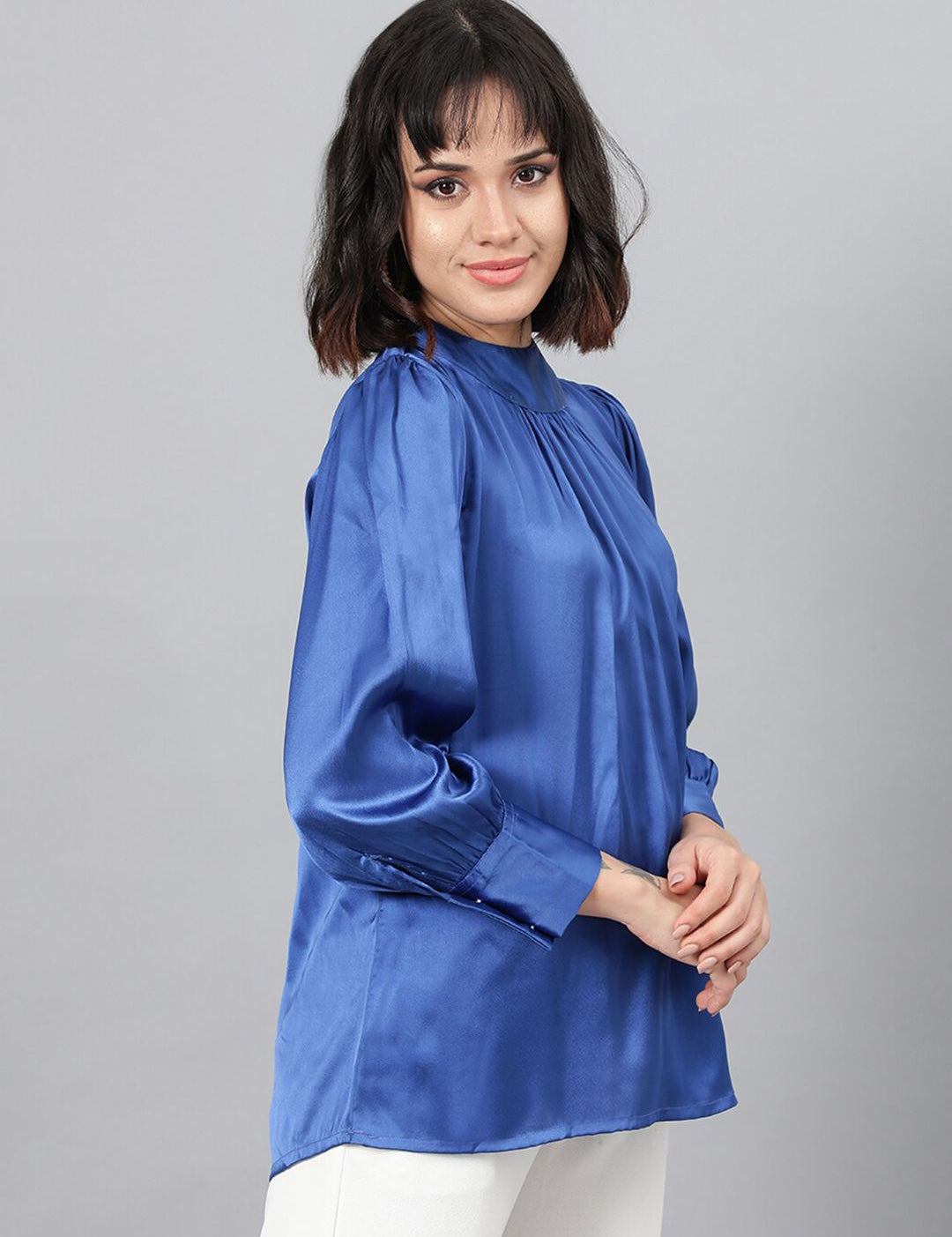 Kotty Blue High Neck Cuffed Sleeve Pleated Satin Top