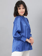 Kotty Blue High Neck Cuffed Sleeve Pleated Satin Top