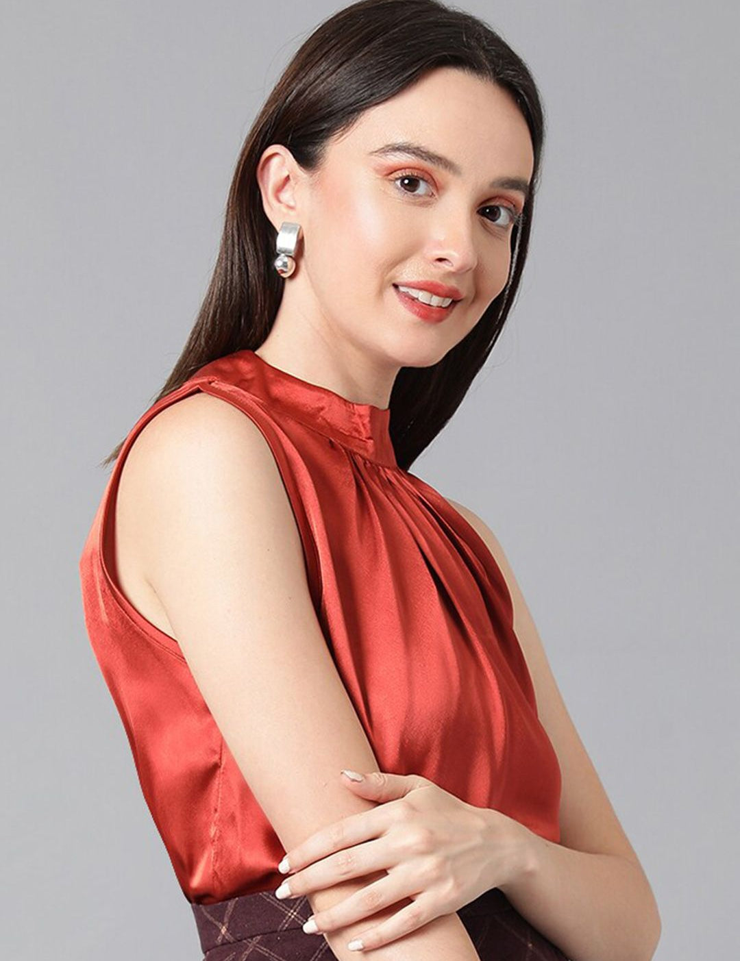 Kotty Rust High Neck Pleated Satin Regular Top