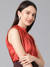 Kotty Rust High Neck Pleated Satin Regular Top