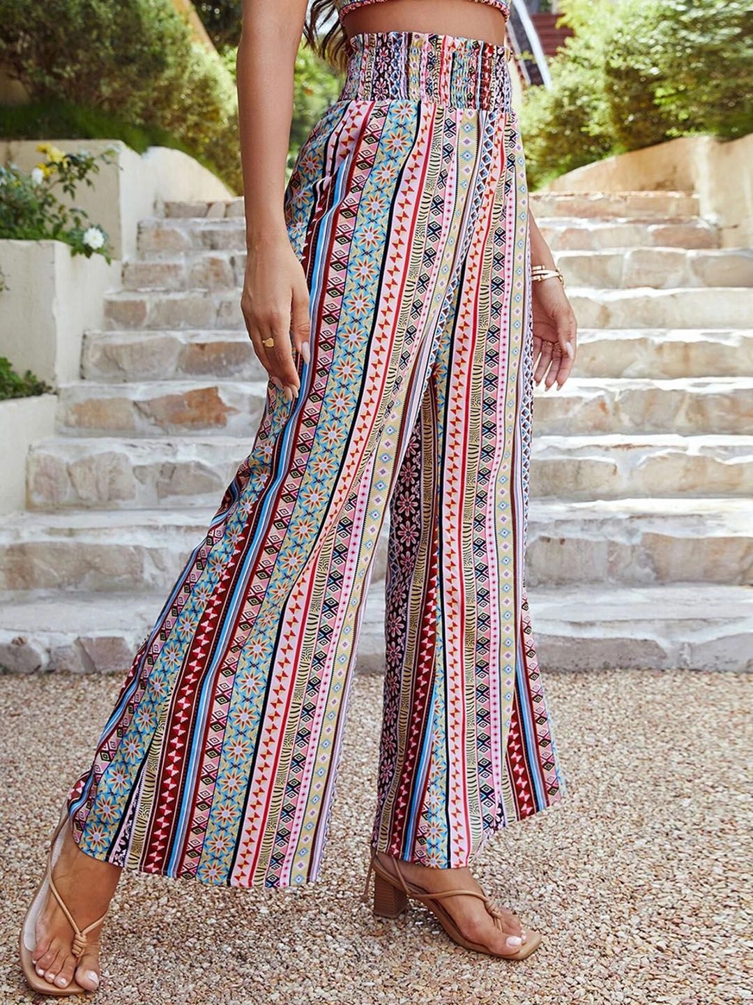 Kotty Women Striped Straight Fit High-Rise Easy Wash Cotton Parallel Trousers