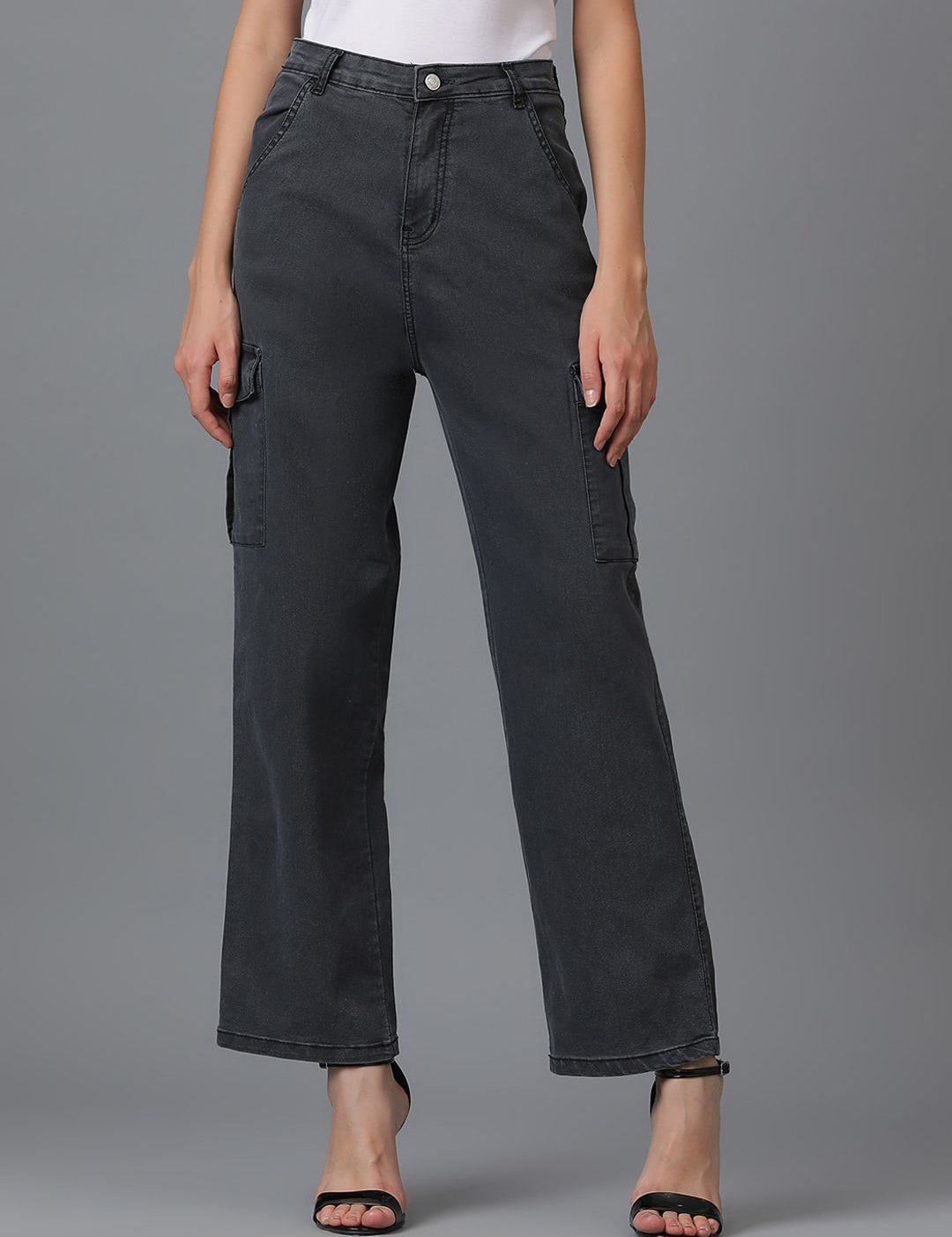 Kotty Women Black Jean Straight Fit High Rise Cargo Stretchable Jeans