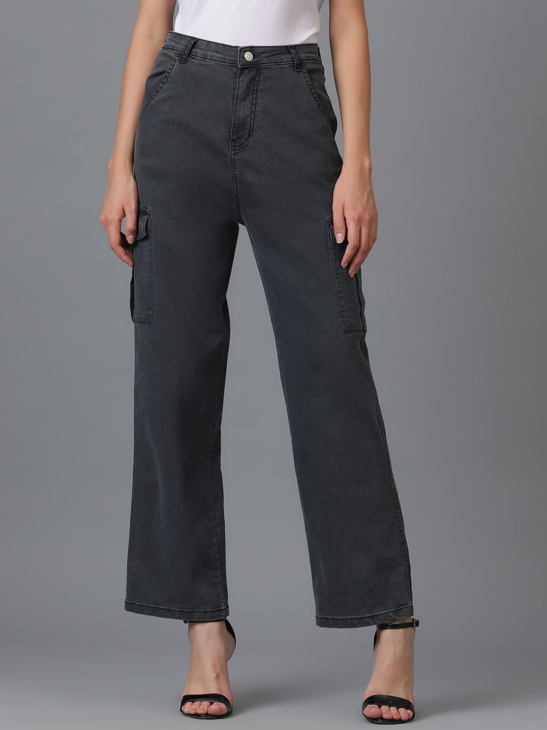 Kotty Women Black Jean Straight Fit High Rise Cargo Stretchable Jeans