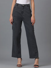 Kotty Women Black Jean Straight Fit High Rise Cargo Stretchable Jeans