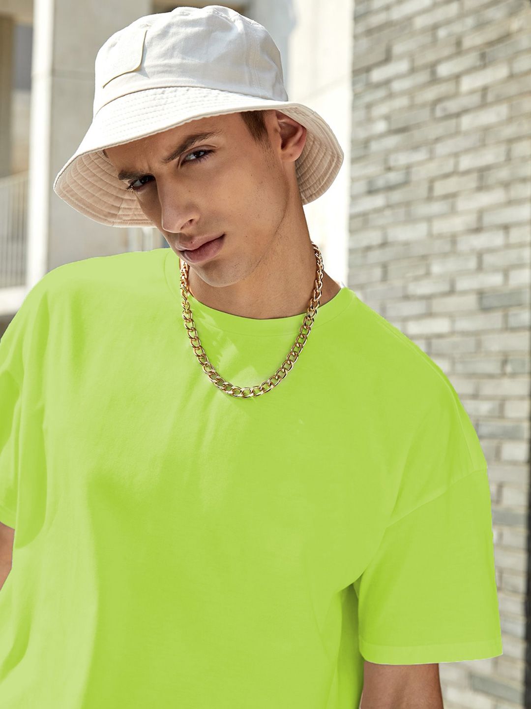 Kotty Green Drop-Shoulder Sleeves Oversized Cotton Casual T-Shirt