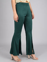 Kotty Women Olive Green Flared High-Rise Bootcut Trousers