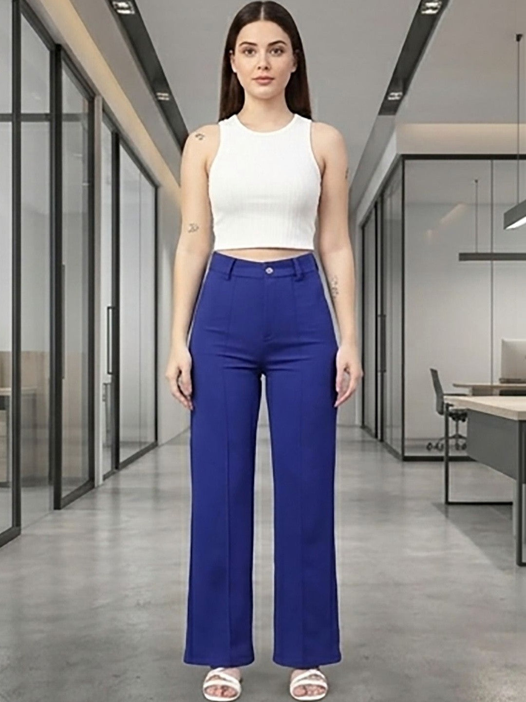 Blue Regular Fit Mid-Rise Trousers for Women | Kotty