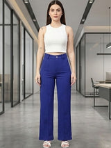 Blue Regular Fit Mid-Rise Trousers for Women | Kotty