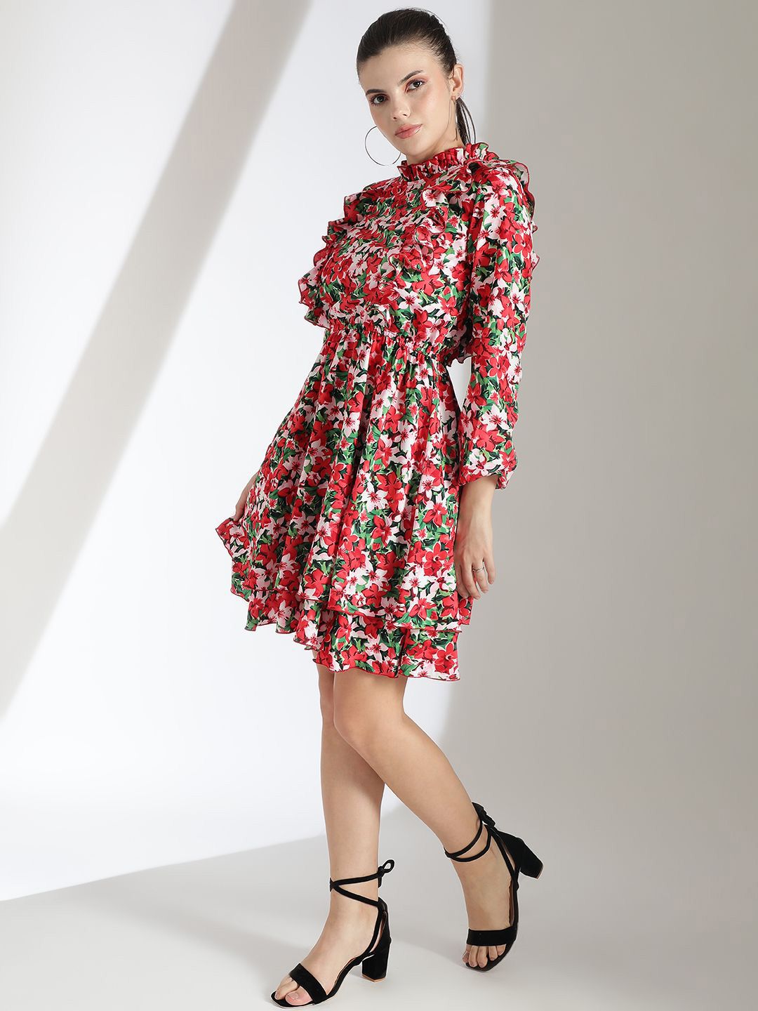 Kotty Women Floral Printed Bishop Sleeve Crepe Fit & Flare Dress