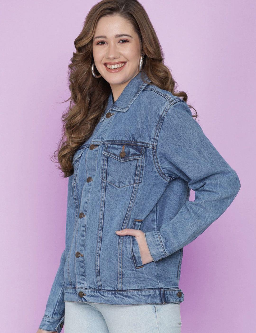 Kotty Women Spread Collar Washed Self Design Cotton Casual Denim Jacket