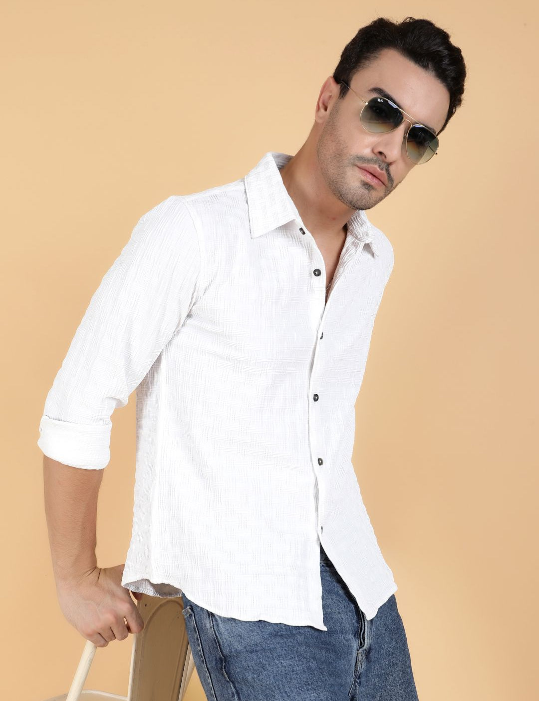 Kotty Men Relaxed Spread Collar Textured Cotton Casual Shirt