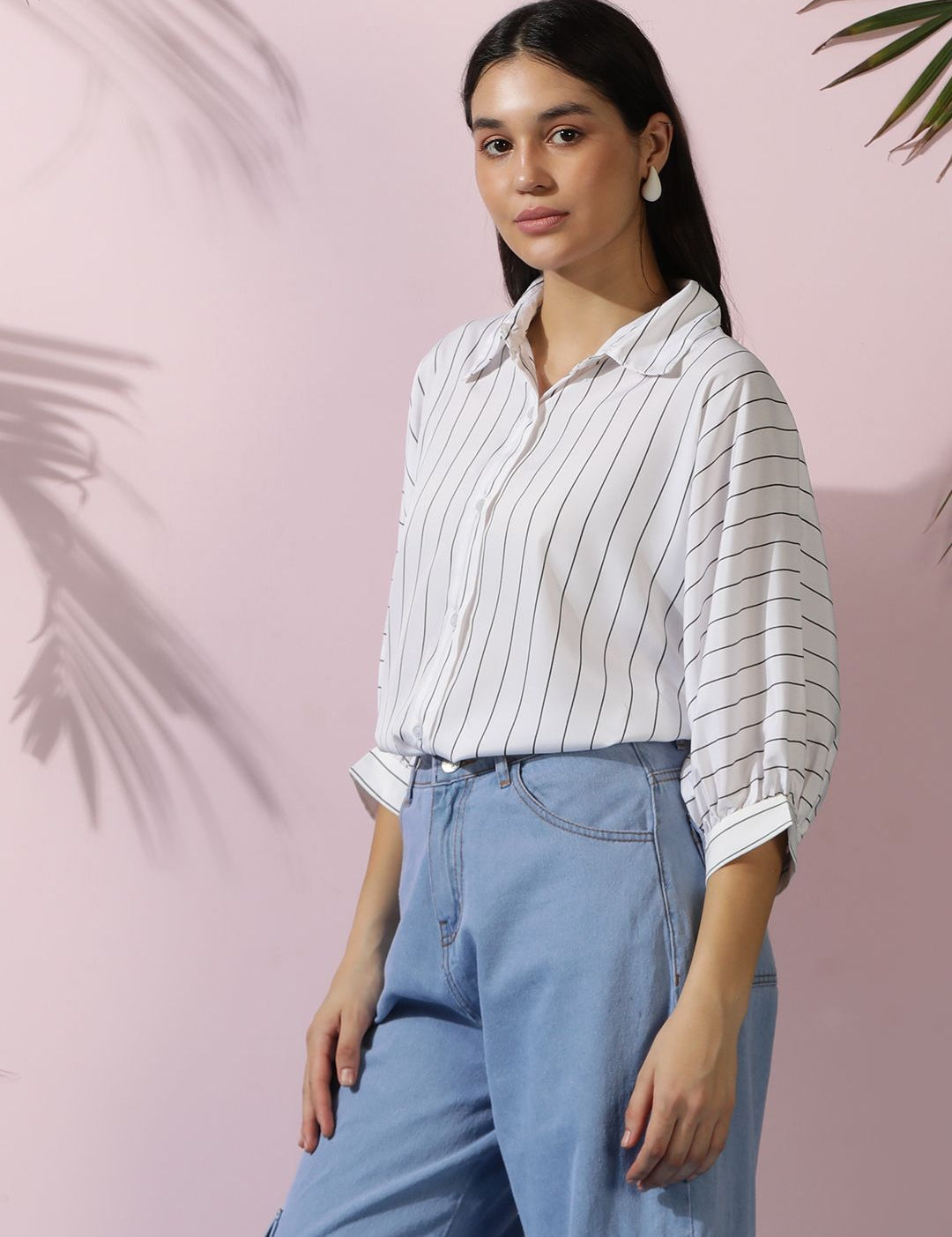 Kotty Women Comfort Spread Collar Vertical Striped Cotton Oversized Casual Shirt