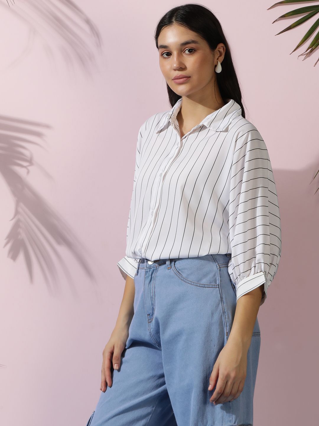 Kotty Women Comfort Spread Collar Vertical Striped Cotton Oversized Casual Shirt