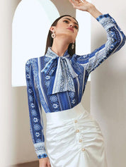 Kotty Women Printed Tie-Up Neck Long Sleeves Satin Top