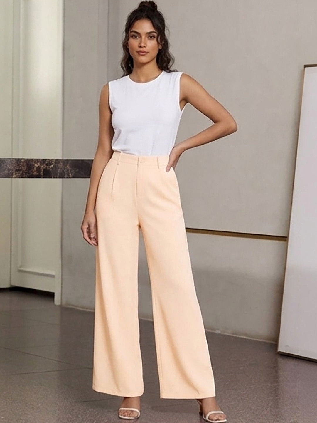 Peach Regular Fit High-Rise Trousers for Women | Kotty