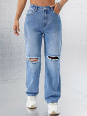 Kotty Women Straight Fit High-Rise Slash Knee Stretchable Jeans