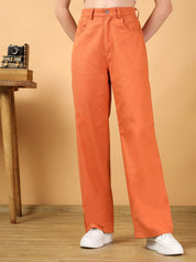 Kotty Women Solid Orange High-Waist Straight fit Easy Wash Trousers