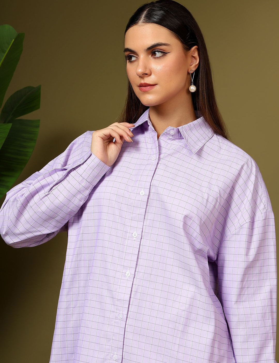 Kotty Women Relaxed Fit Spread Collar Grid Tattersall Checked Cotton Casual Shirt