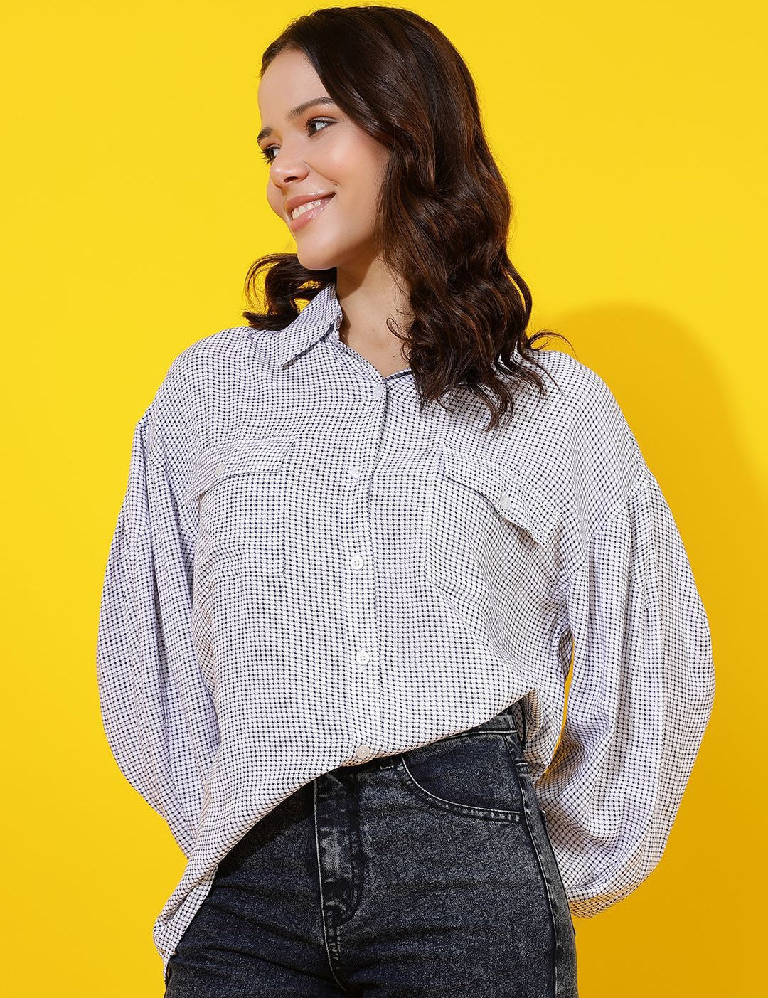 Kotty Women Comfort Spread Collar Micro Checked Cotton Oversized Casual Shirt