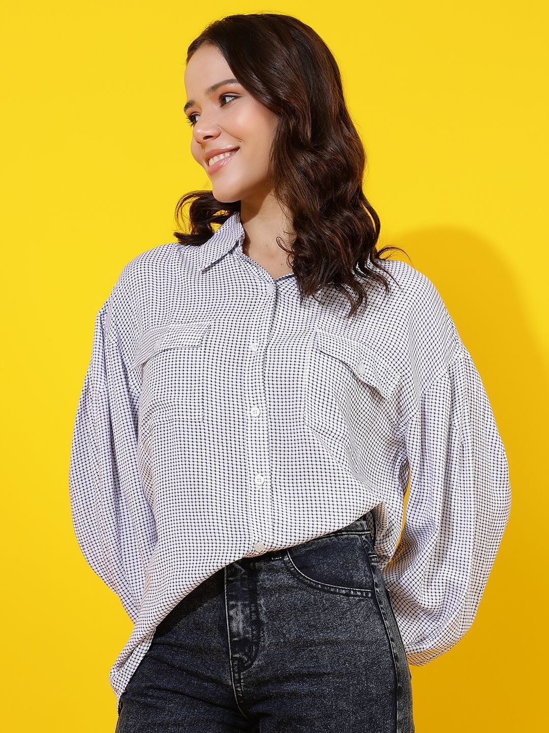 Kotty Women Comfort Spread Collar Micro Checked Cotton Oversized Casual Shirt