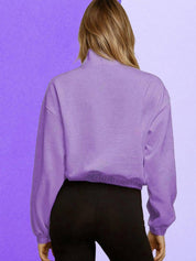 Kotty Women Solid Shirt Collar Full Sleeve Half Zipper Crop Sweatshirt