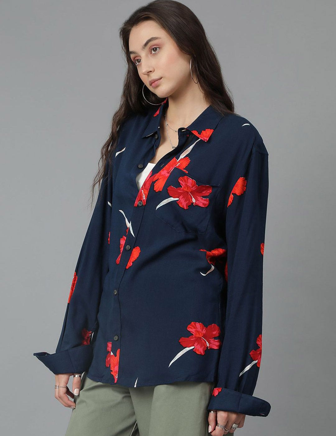 Kotty Women Spread Collar Floral Printed Cotton Oversized Casual Shirt