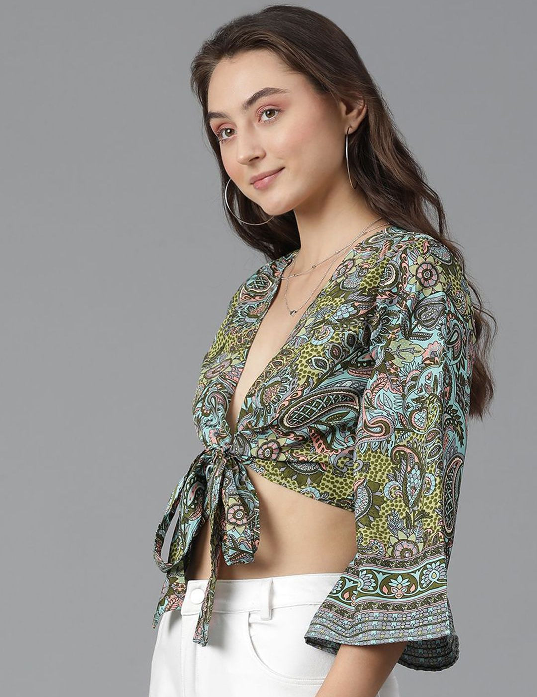 Kotty Print Flared Sleeve Crop Top
