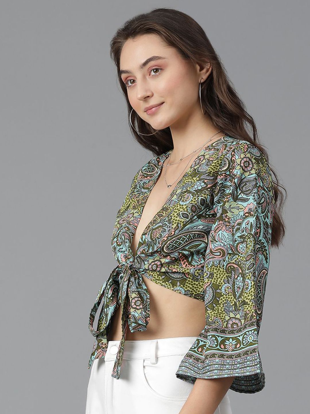 Kotty Print Flared Sleeve Crop Top