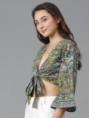 Kotty Print Flared Sleeve Crop Top