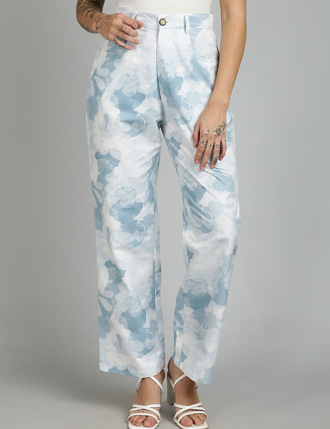 Kotty Women Cotton Printed Straight Fit High-Rise Easy Wash Trousers